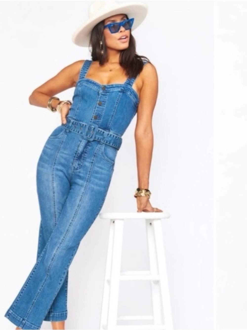Show Me Your MuMu Medium Blue Denim Belted Jumpsuit